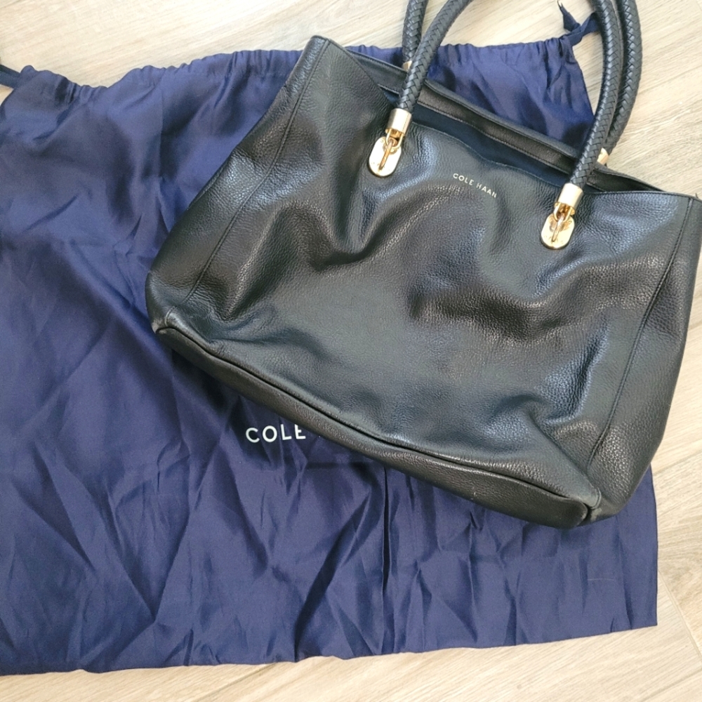 COLE HAAN BLACK BRAIDED HANDLES LEATHER TOTE BAG